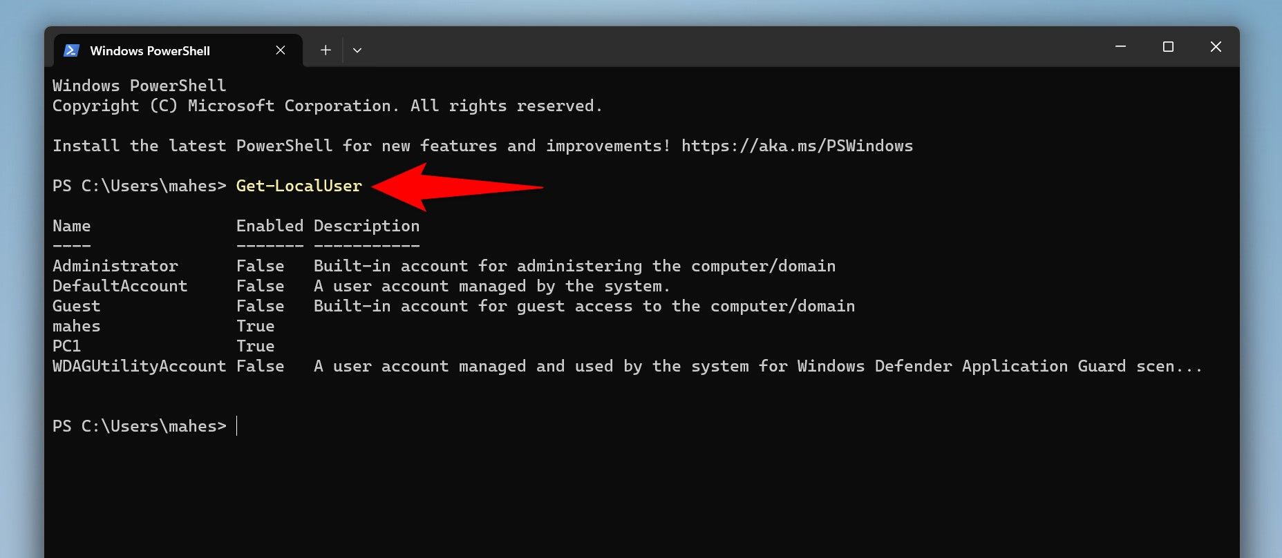 Команда Get-LocalUser введена в PowerShell.