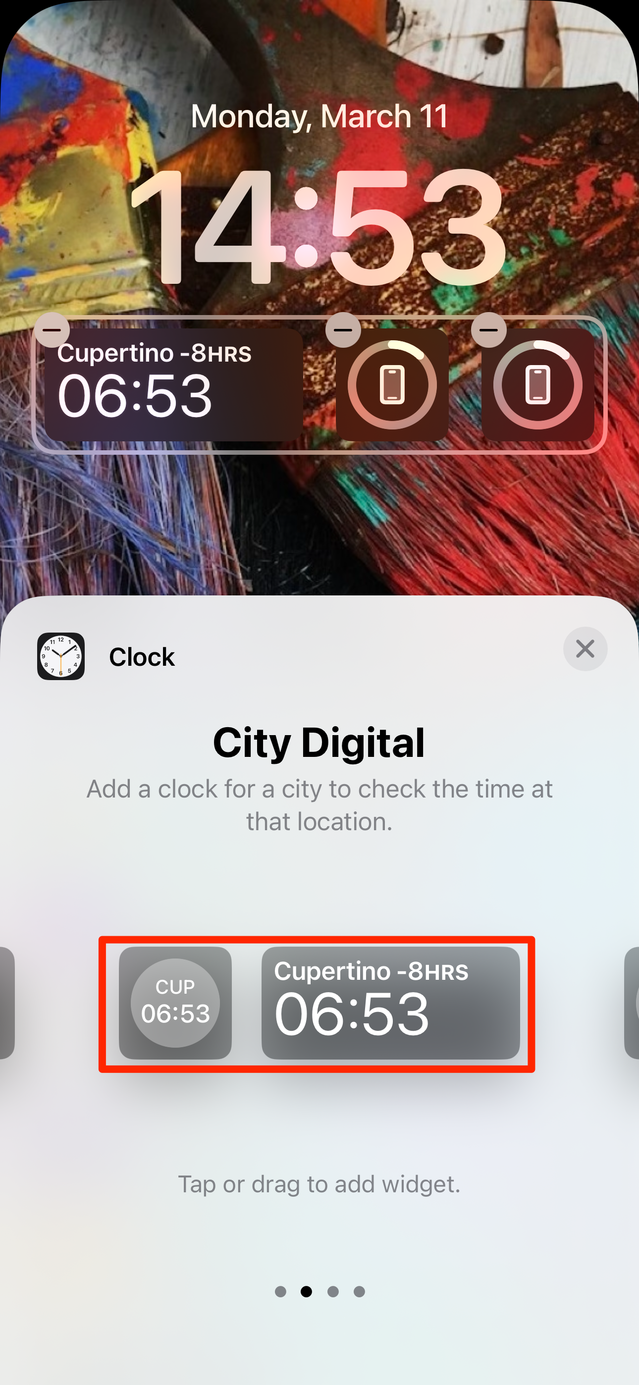Галерея виджетов для экрана блокировки iPhone с выделенным City Digital.