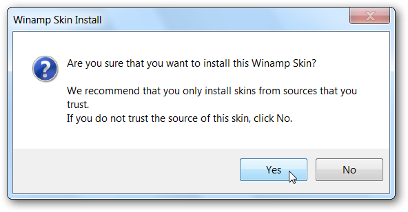 Диалог подтверждения добавления скина Winamp