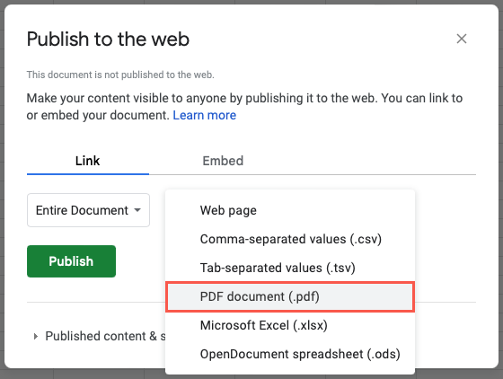PDF в списке форматов для публикации