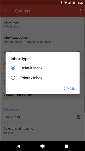 Скриншот: подтверждение выбора Default Inbox на Android