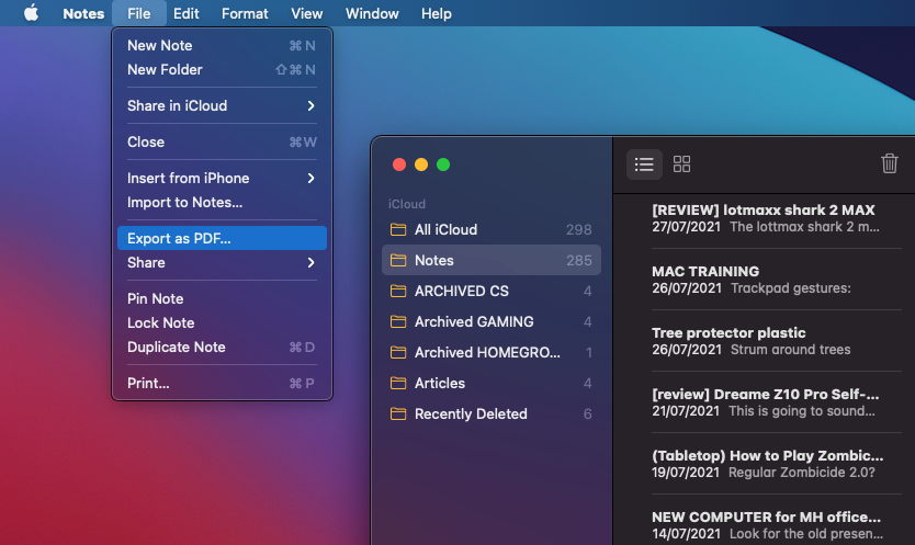Экспорт заметки Apple Notes в PDF на Mac