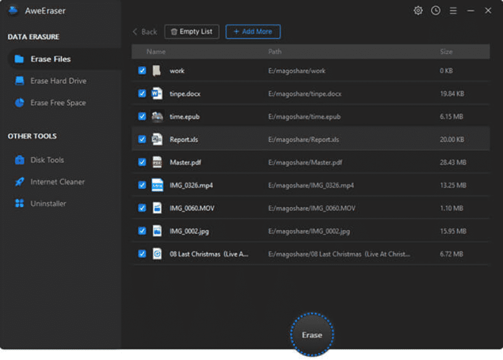 Интерфейс выбора файлов для перезаписи и удаления