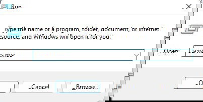 Окно служб Windows с курсором на services.msc