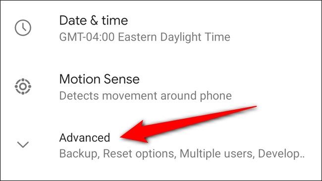 Кнопка «Дополнительно» внутри Система на Google Pixel 4