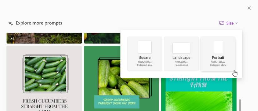 Опции изменения размеров изображений в Microsoft Designer