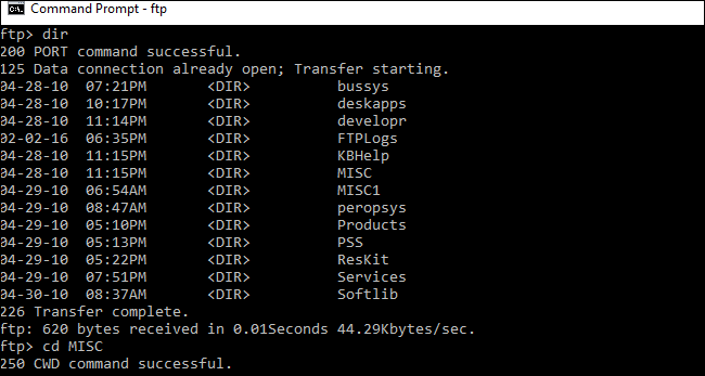 Пример использования команды cd в FTP-сессии