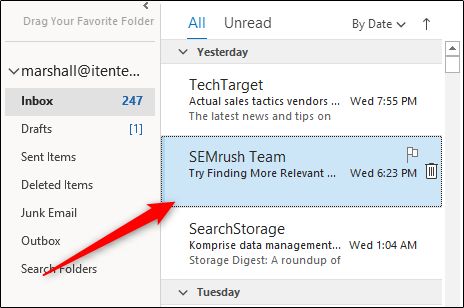 Выбор письма в списке писем Outlook