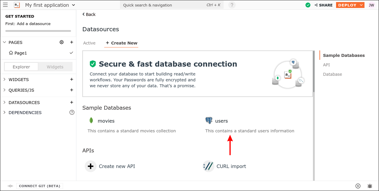 Скриншот создания источника данных в Appsmith