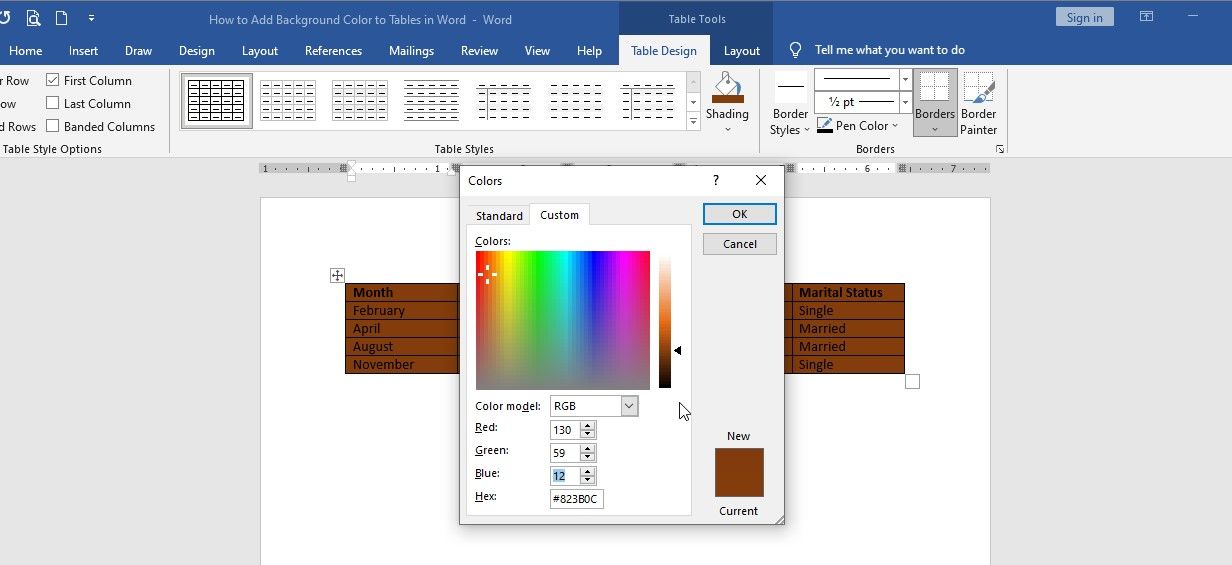 Пользовательские цвета в Заливке