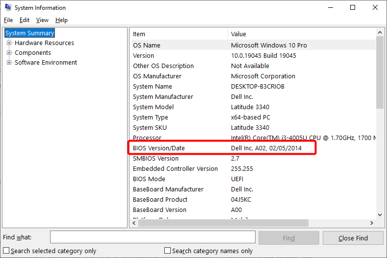 Информация о версии BIOS в msinfo32
