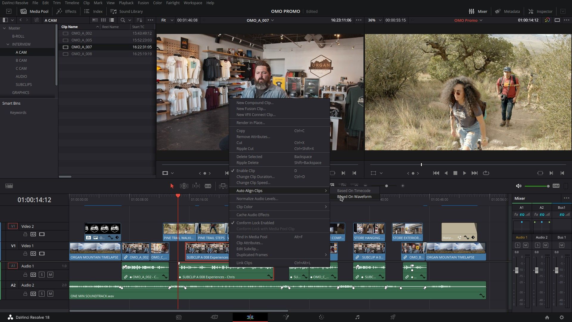 Автоматическое выравнивание клипов по волновой форме в DaVinci Resolve