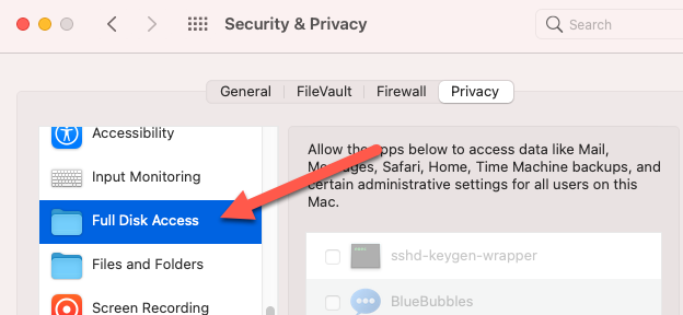 Выберите «Full Disk Access» в настройках «Защита и безопасность»