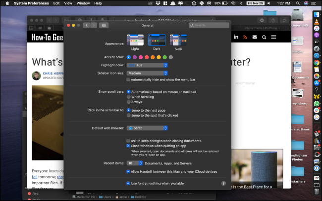 Интерфейс macOS в тёмной теме