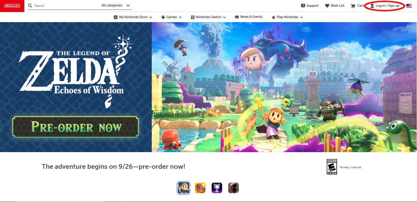 Сайт Nintendo, с выделением входа в личный кабинет.
