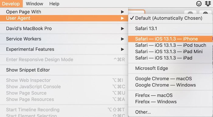 Меню User Agent в Safari