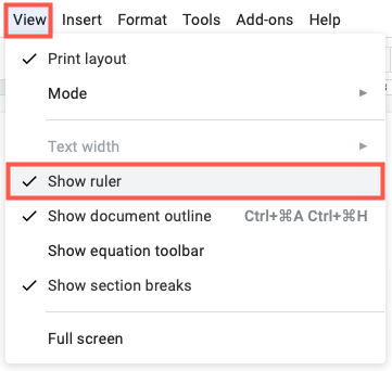 Выберите «Показать линейку», чтобы отобразить линейку