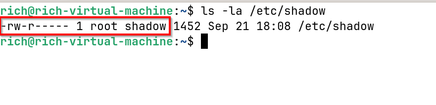 Отображение прав доступа для файла shadow в Linux.
