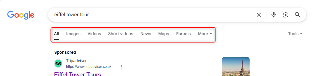 Баннер поиска Google с выделенными типами результатов