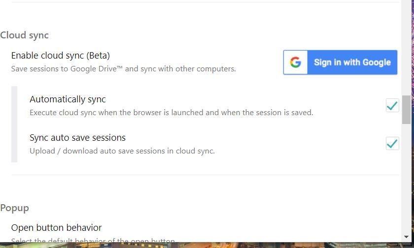 Кнопка Войти через Google в Tab Session Manager