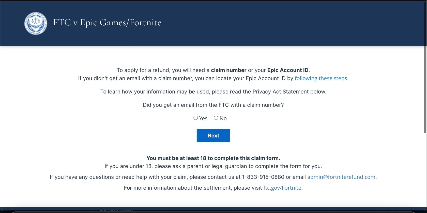 Форма подачи заявки по делу FTC против Fortnite