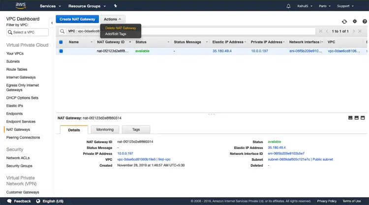 Выбор NAT Gateway и кнопка Delete NAT gateway