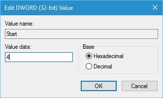 Изменение значения Start на 4 в реестре