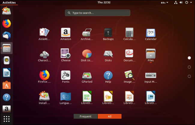 Список предустановленных приложений на рабочем столе Ubuntu