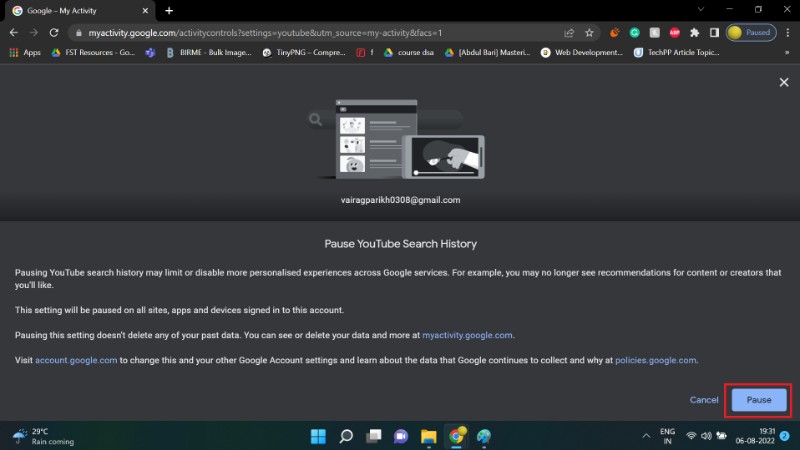 Bouton PAUSE pour mettre en pause l'historique sur le web