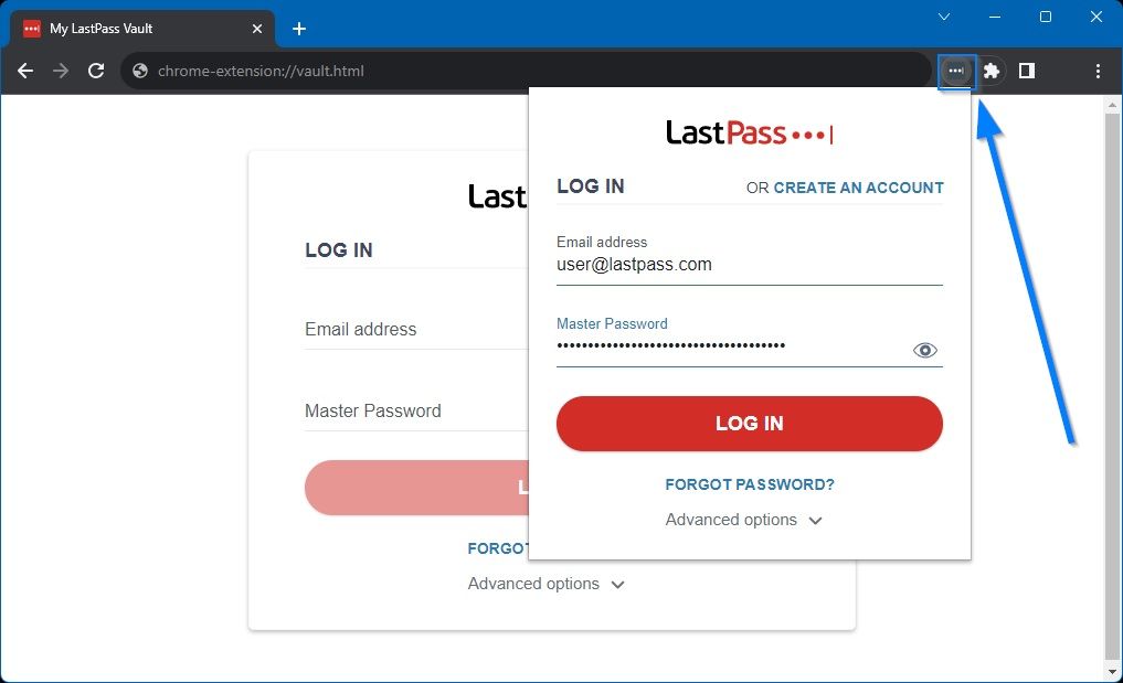 иконка LastPass в правом верхнем углу браузера Chrome после успешной установки
