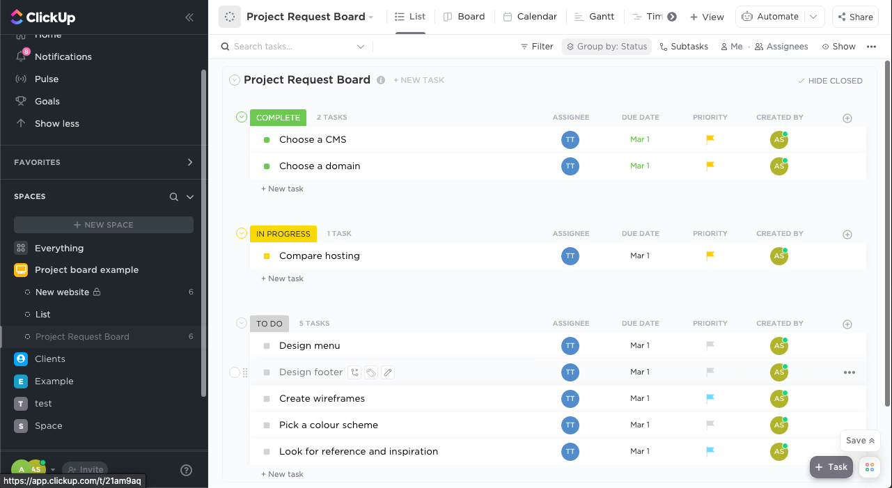 List in project management software grouped by status