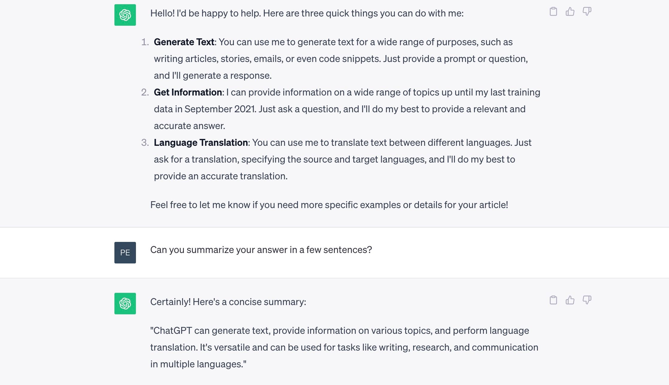 Asking ChatGPT to summarize a response