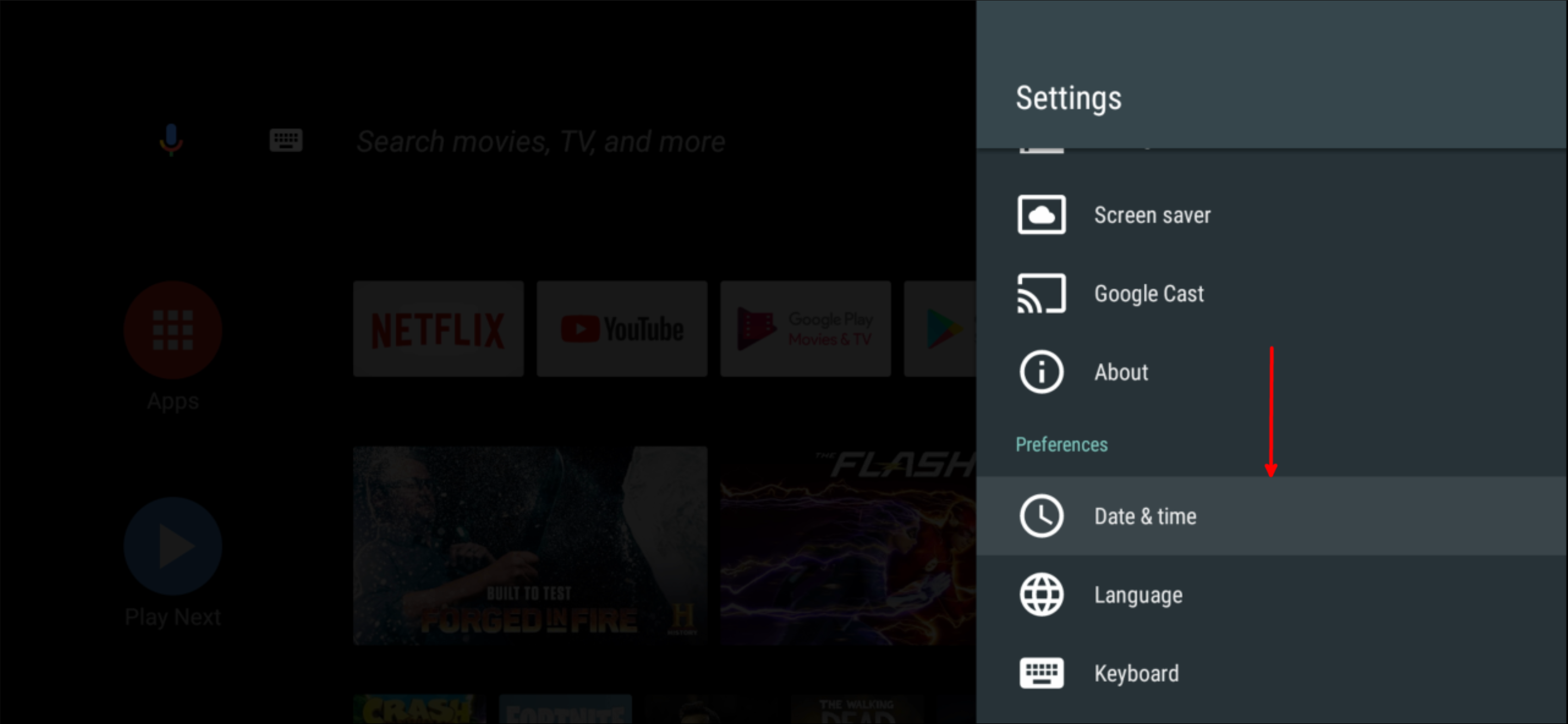 Меню даты и времени на Android TV