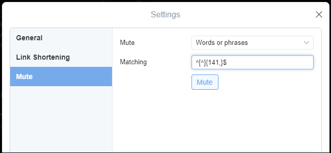 Меню настроек TweetDeck и раздел Mute