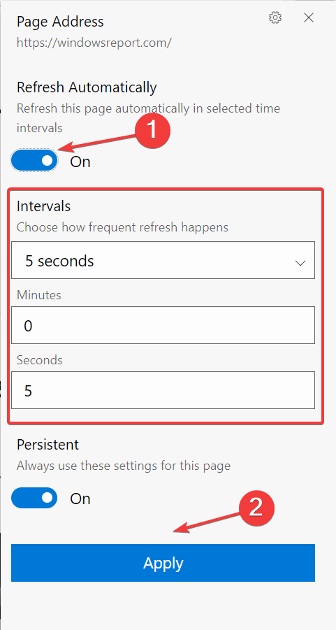 Настройка интервала в Refreshless для Edge