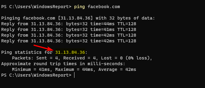 Пример использования ping для получения IP-адреса домена