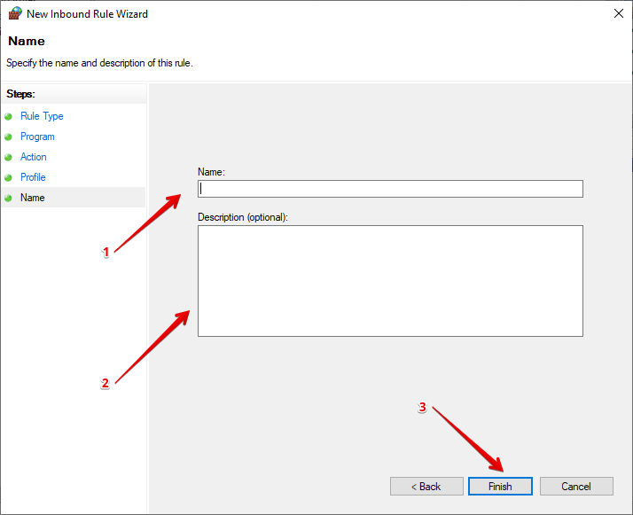 Имя и описание правила брандмауэра