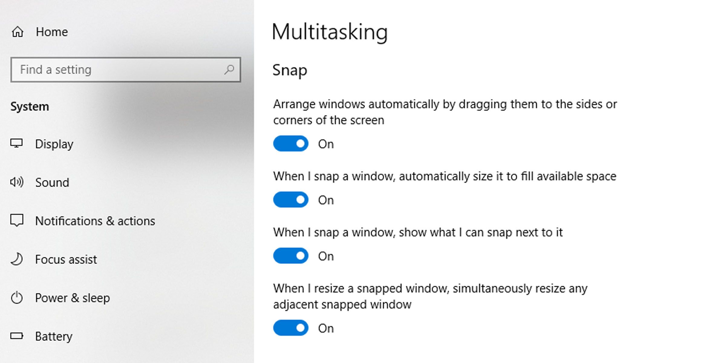 настройки Snap Assist в Windows 10