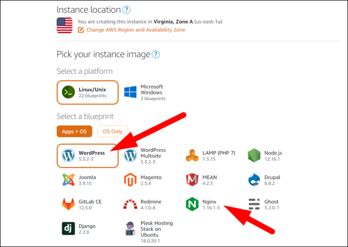 Выбор шаблона инстанса