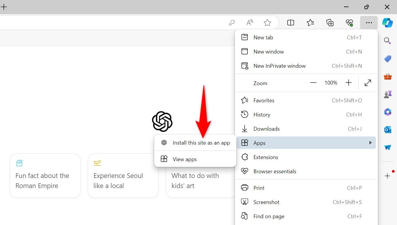 Выделено 'Install This Site as an App' в Edge.