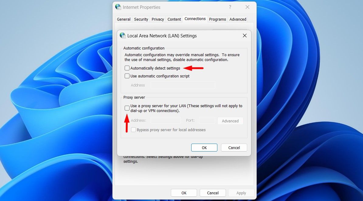 Снятие галочек с параметров прокси в LAN settings