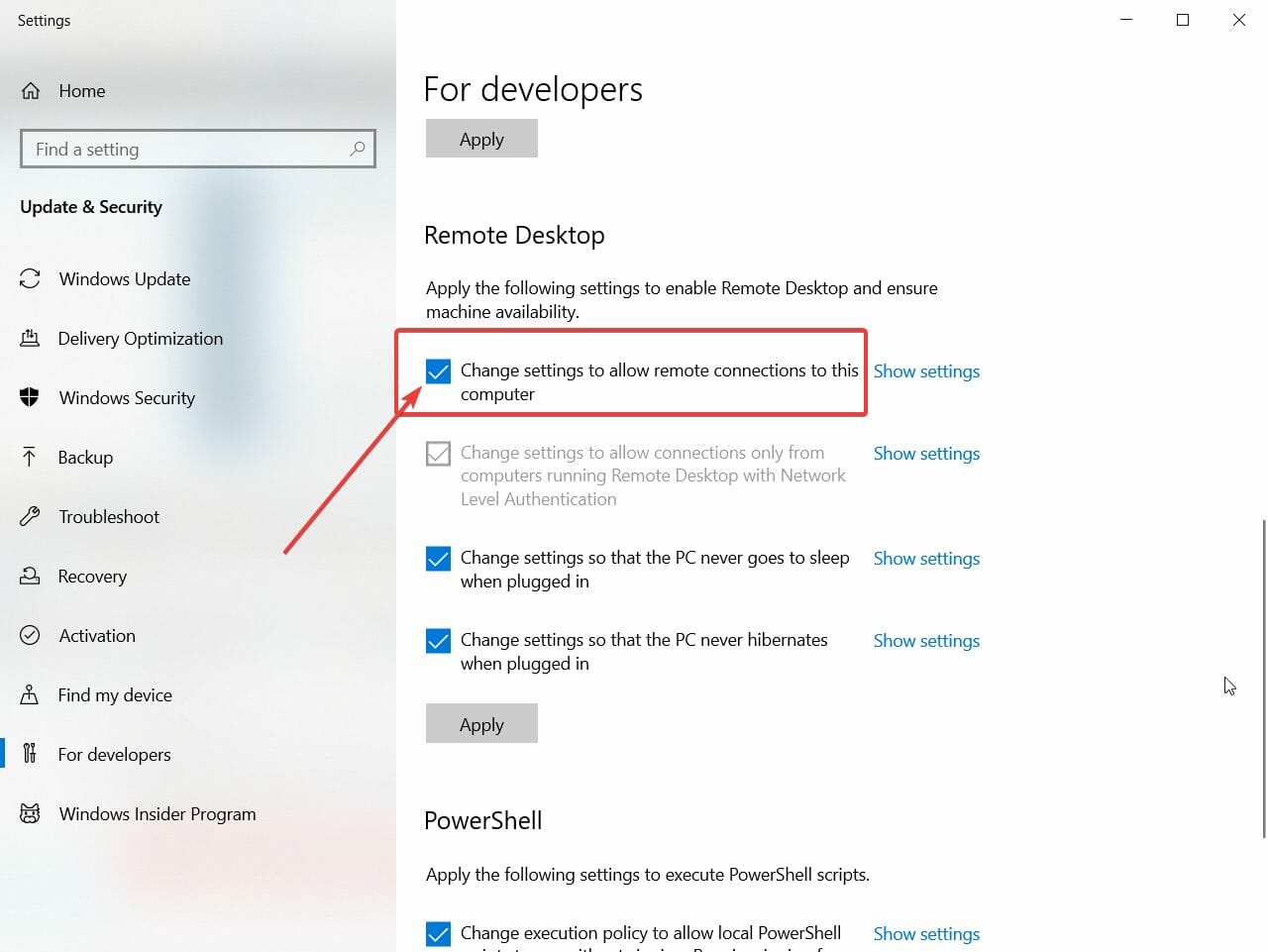 Включение: изменить параметры для разрешения удалённых подключений