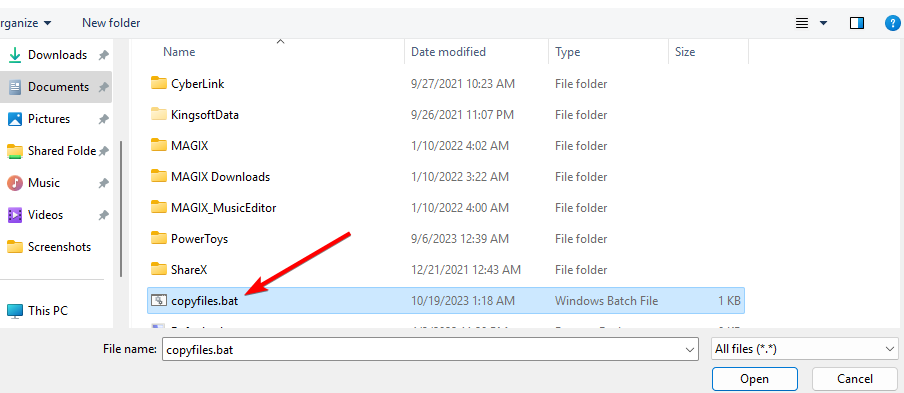 Выбор файла copyfiles.bat в Планировщике