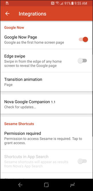 Опции интеграции: включение ленты, свайп от края, настройки анимации