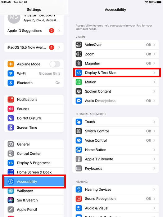 Экран дисплея и размера шрифта