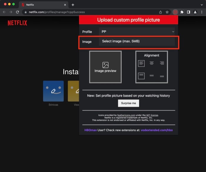Пример выбора пользовательского изображения для профиля Netflix в расширении