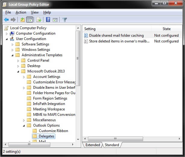 Group Policy Editor: Microsoft Outlook Delegates
