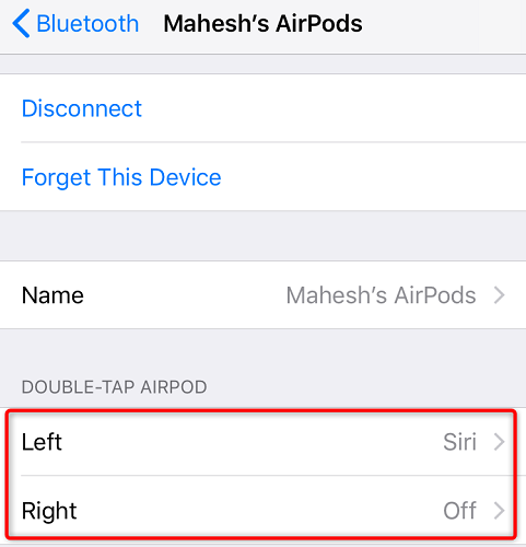 Выберите AirPod (левый или правый) в настройках
