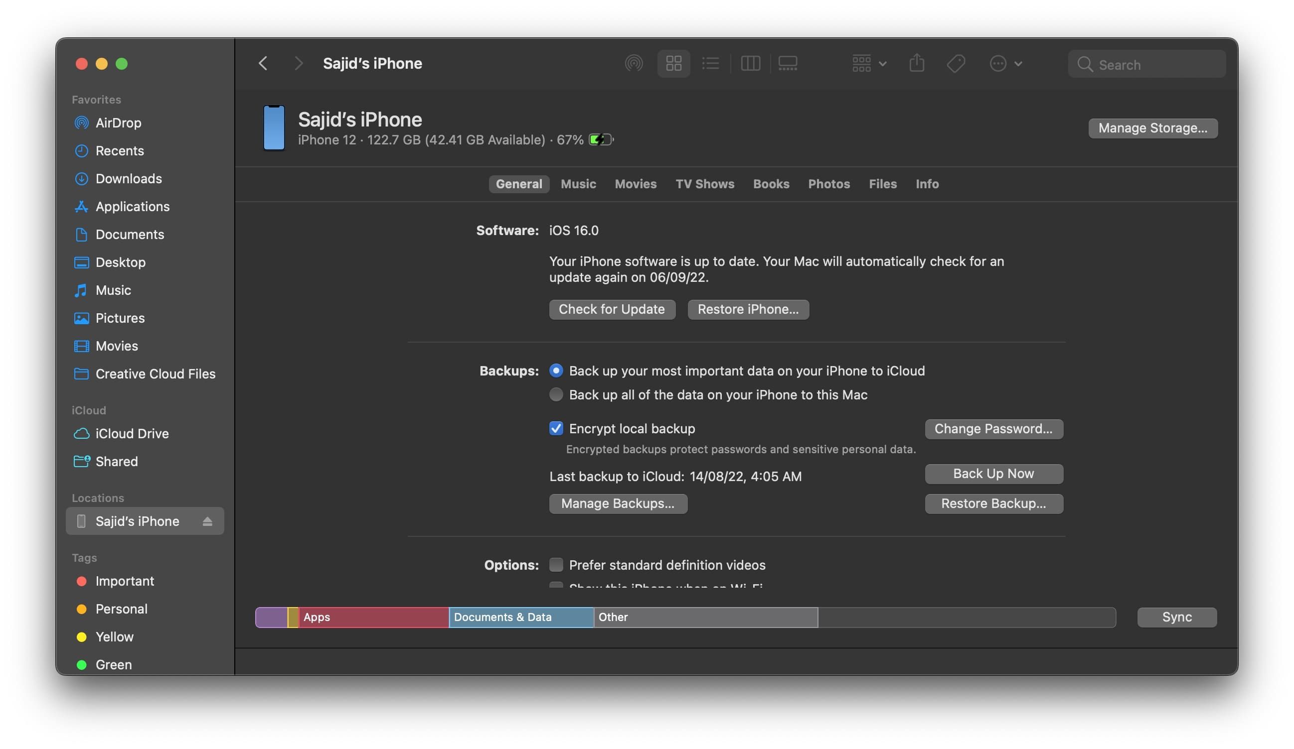 Выбор Восстановить резервную копию в Finder