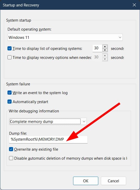 Пример расположения MEMORY.DMP на диске C: